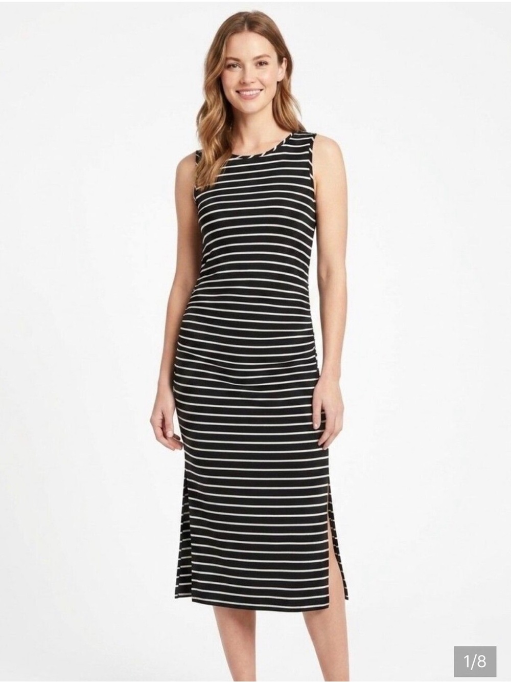 Athleta Small Sleeveless Black and White Striped Midi Dress